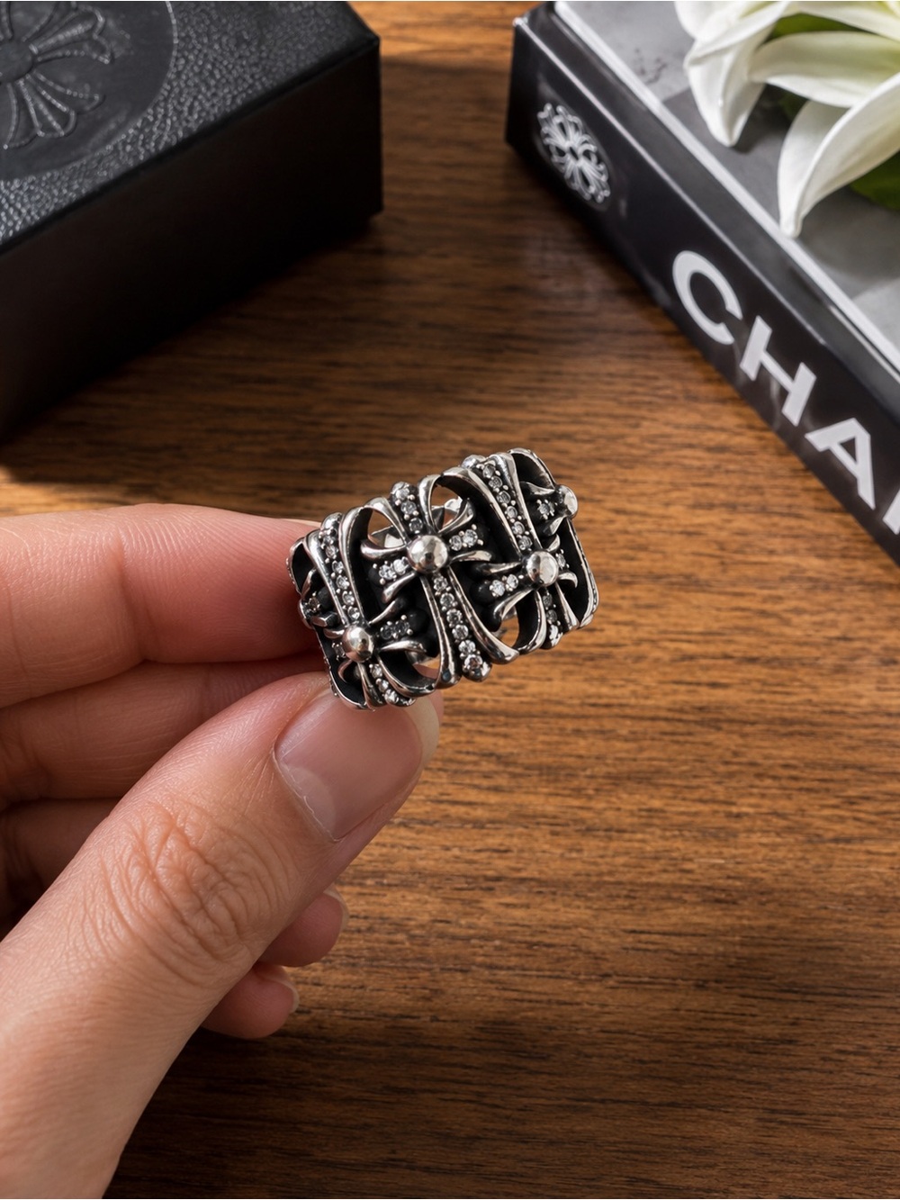 925 sliver Chrome Hearts-style wide floral-cross ring with Moissanite stones